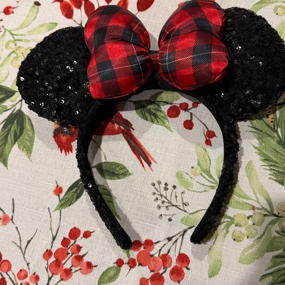 Disney Minnie Holiday Black Sequin Ears with Red Plaid Bow Headband - Picture 7 of 7